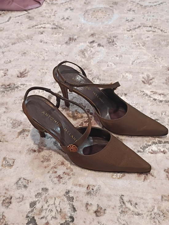 ANTONIO MELANI Shoes - ANTONIO MELANI Brown Satin Pointed-Toe Slingback Heels with Decorative Button
